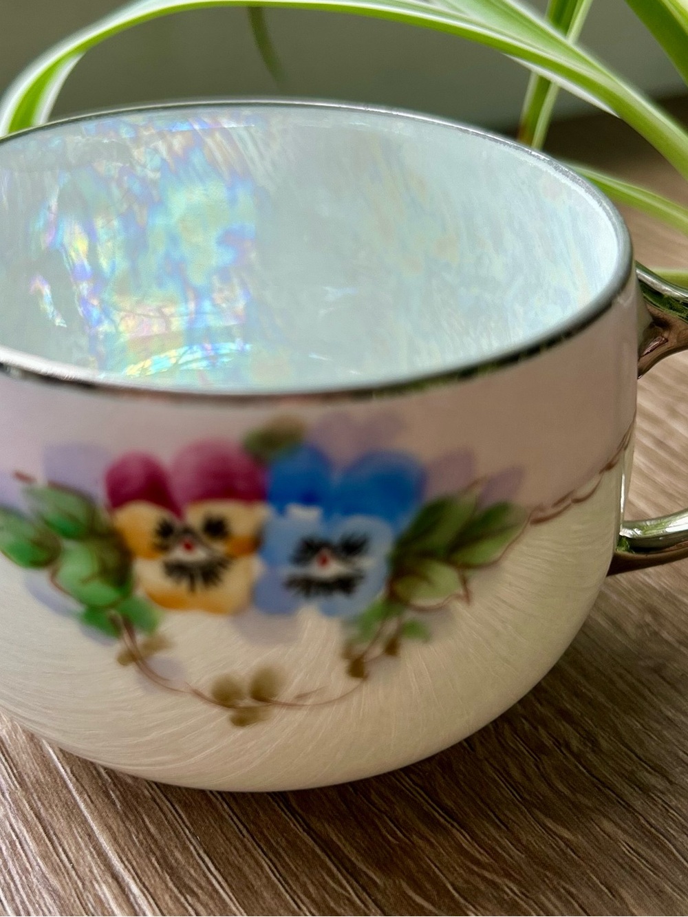 Iridescent Porcelain Floral Teacup in Pink, Blue & Yellow